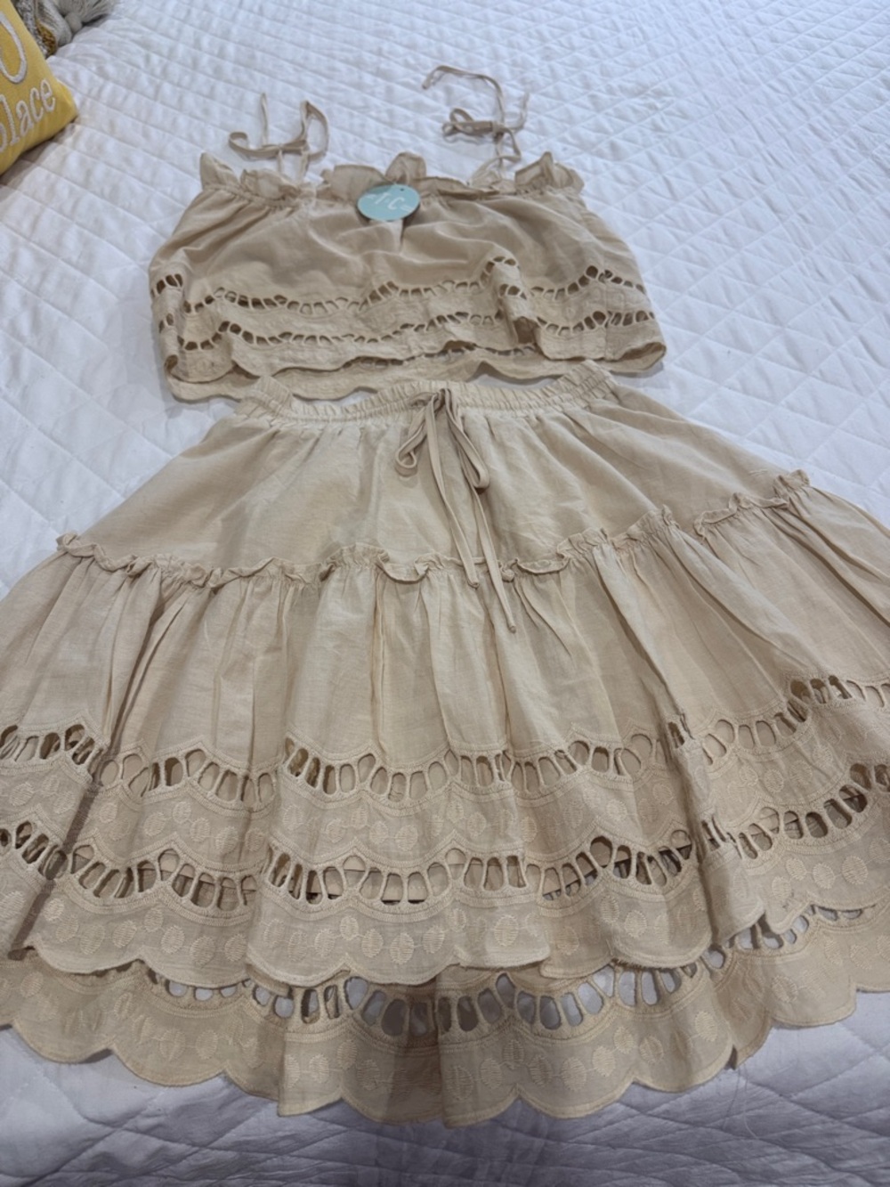 Girls Beige Lace-Trim Two-Piece Dress Set